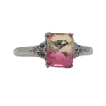 Emerald-Cut Gradient Gemstone Ring with Side Accents – Silver-Tone