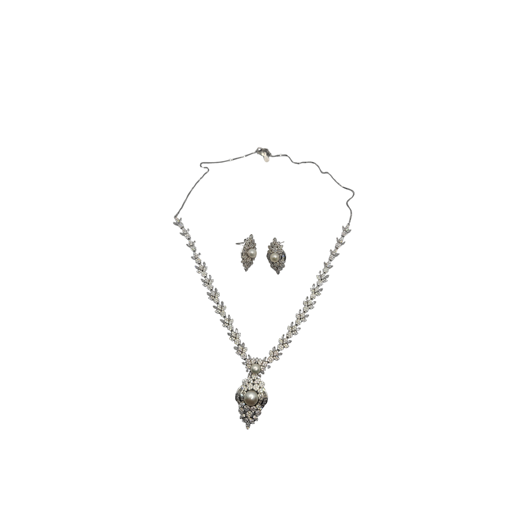 Elegant Pearl and Crystal Necklace & Earrings Set – Silver-Tone